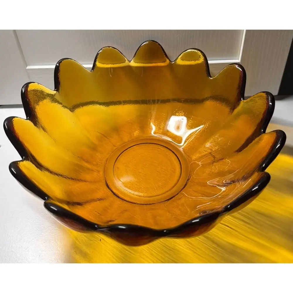 Vintage Blenko Mid-Century Handblown Amber Glass Lotus Petal Centerpiece Bowl